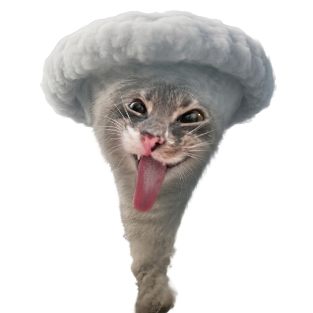 A tornado with a cat face and its tongue out, touching down